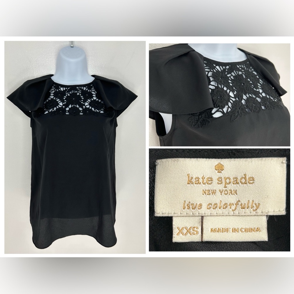 Kate Spade Flutter Sleeve Top Size XXS Black‎ Crochet Front Frilly Feminine